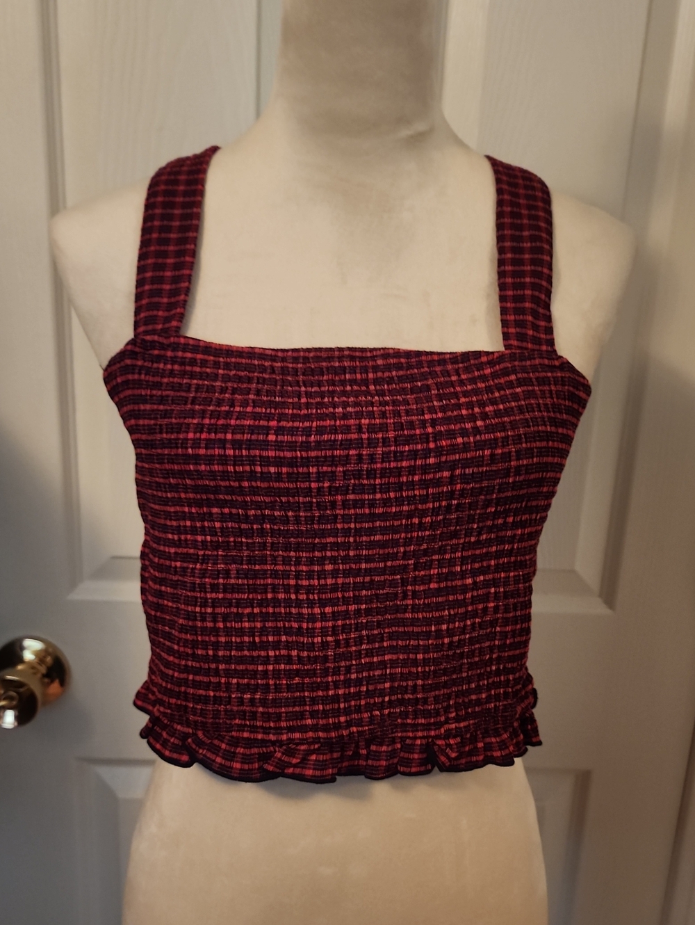 Disturbia Smocked Square-Neck Crop Top in Black And Red Check